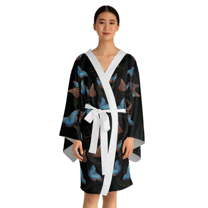 Blue Morphis Butterfly Kimono Robe — Silky Long-Sleeve Lounge & Party Wrap