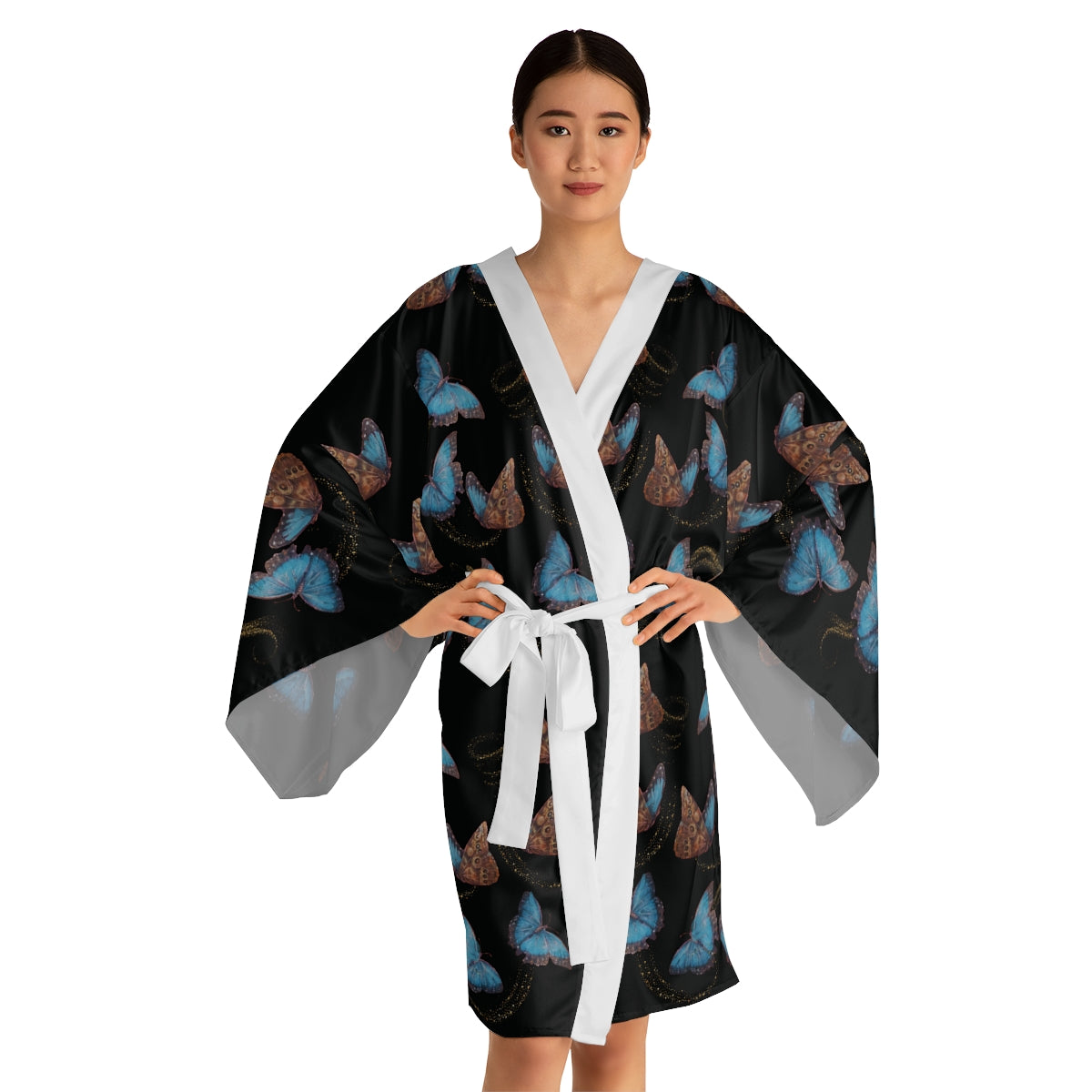 Blue Morphis Butterfly Kimono Robe — Silky Long-Sleeve Lounge & Party Wrap