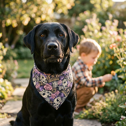 Gothic Floral Skull Pet Bandana — Purple Rose Crown Pattern for Dogs & Cats