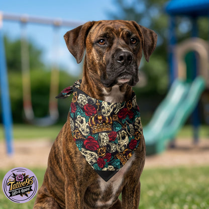 Skull & Roses Crown Pet Bandana — Edgy Rocker Dog Scarf