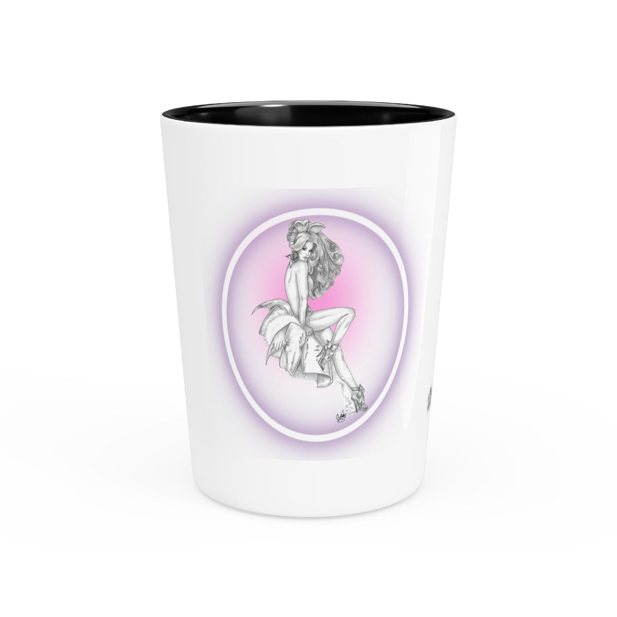 White shot glass with black interior, featuring a graphic of a woman sitting on a cloud with a purple halo.