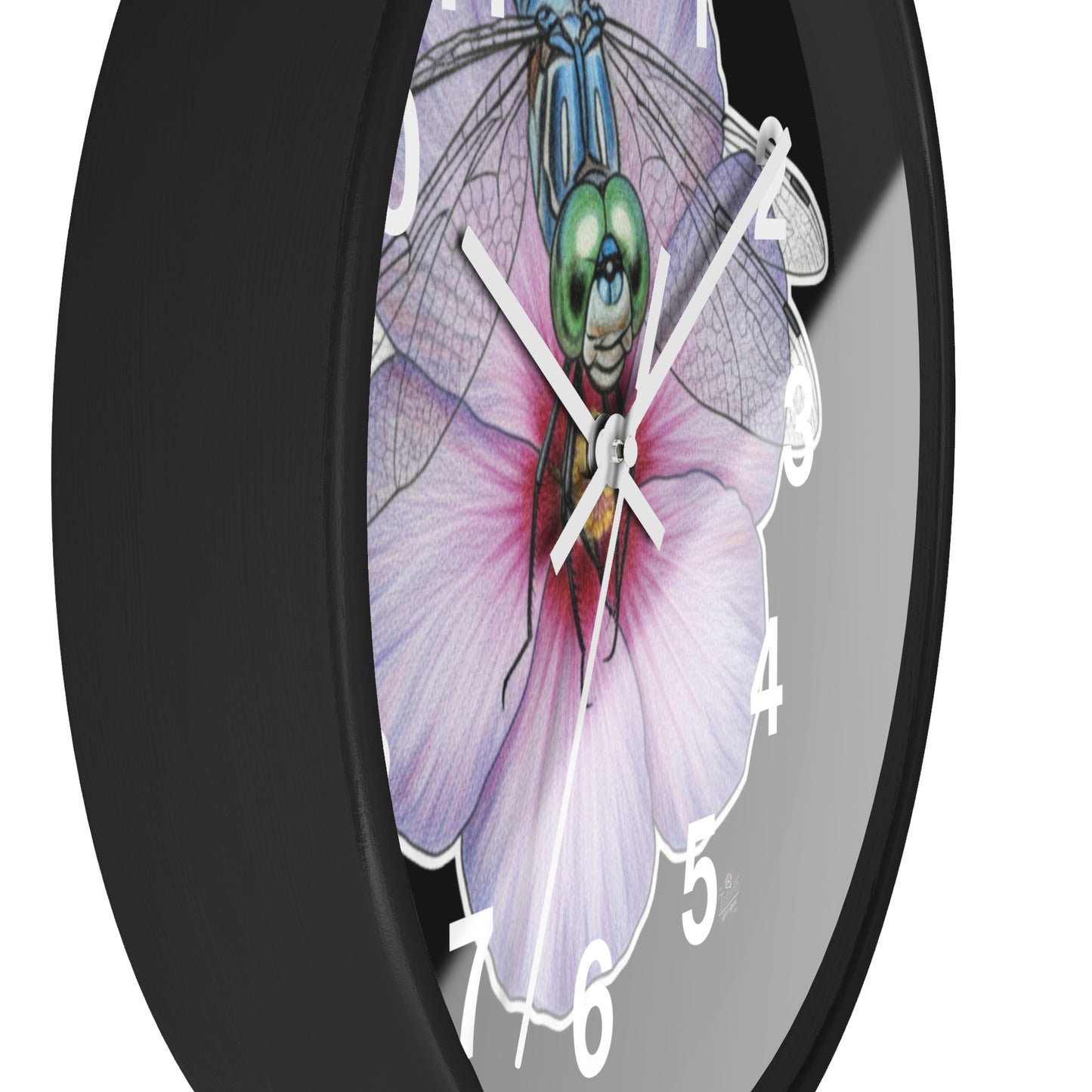 Dragonfly Hibiscus - Wall Clock — White Border - Black Background Silent 10" Clock