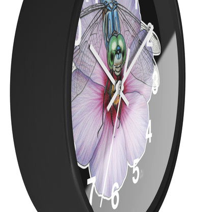 Dragonfly Hibiscus - Wall Clock — White Border - Black Background Silent 10" Clock