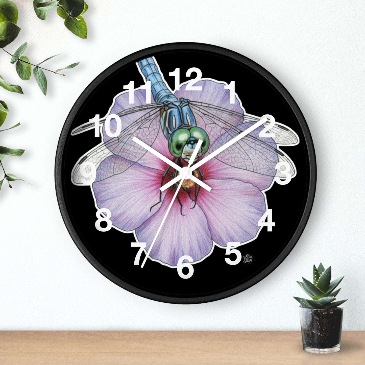 Dragonfly Hibiscus - Wall Clock — White Border - Black Background Silent 10" Clock