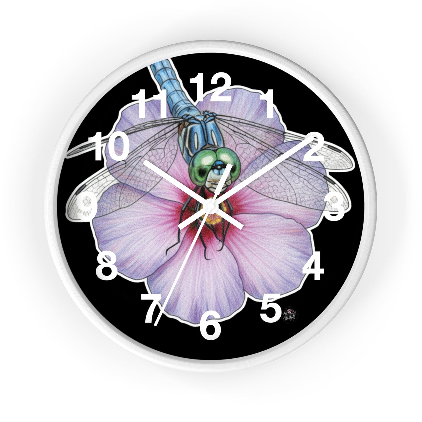 Dragonfly Hibiscus - Wall Clock — White Border - Black Background Silent 10" Clock