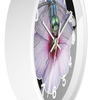 Dragonfly Hibiscus - Wall Clock — White Border - Black Background Silent 10" Clock