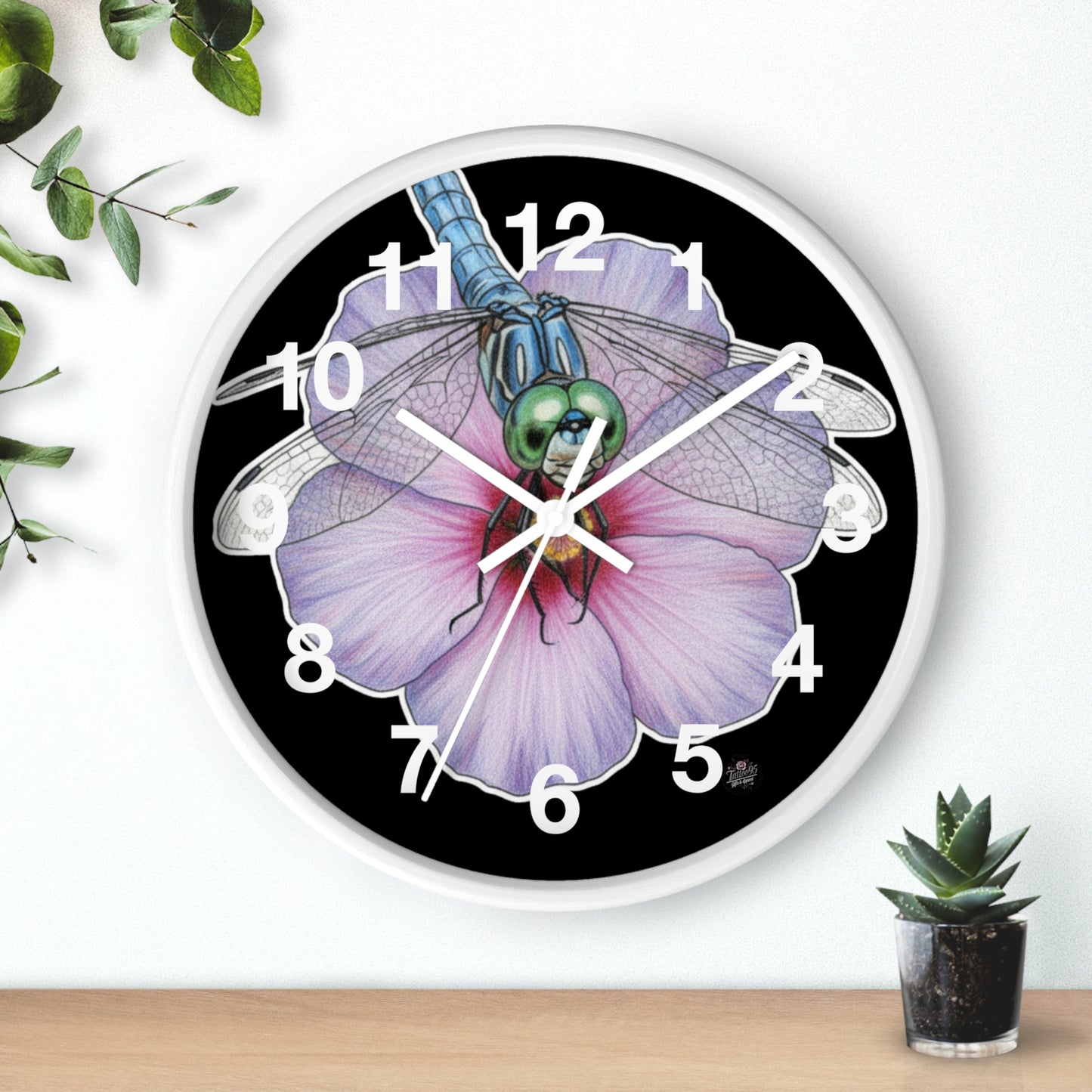 Dragonfly Hibiscus - Wall Clock — White Border - Black Background Silent 10" Clock