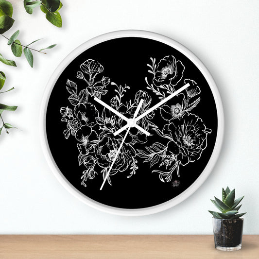 Peonies Tattoo Artwork (White) - Black Background Wall Clock — Original Tattoo Design
