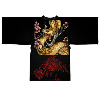 Snake & Red Bloom -- Silk-Touch Mid-Length Kimono Robe
