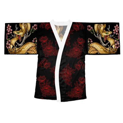 Snake & Red Bloom -- Silk-Touch Mid-Length Kimono Robe