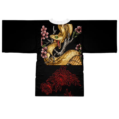 Snake & Red Bloom -- Silk-Touch Mid-Length Kimono Robe